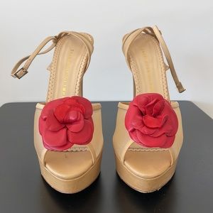Charlotte Olympia Nude Leather and Mesh Heels with Red Leather Rose Size 39